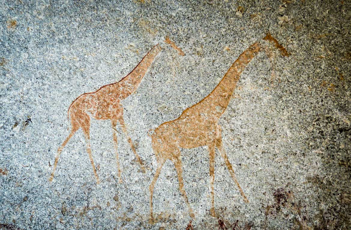 Pintura rupestre do Parque Nacional de Matobo, ou Colinas de Matobo, no Zimbabué