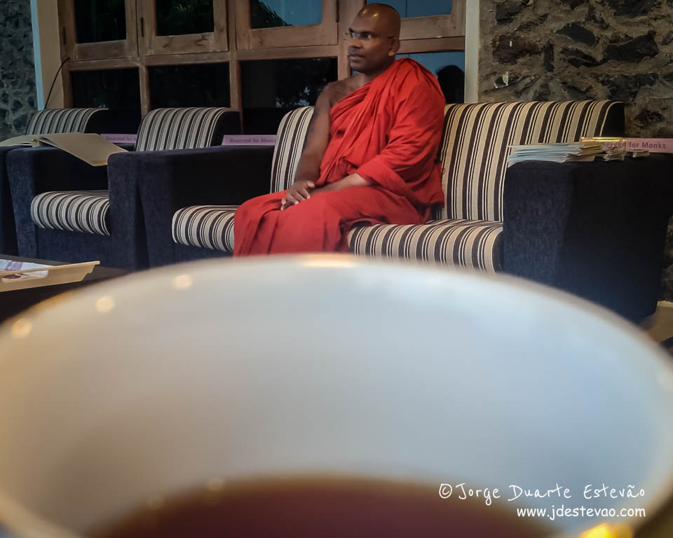 Interior do Mosteiro de Mahamevnawa em Ella, Sri Lanka, com um monge sentado numa poltrona, e chá, num ambiente tranquilo.